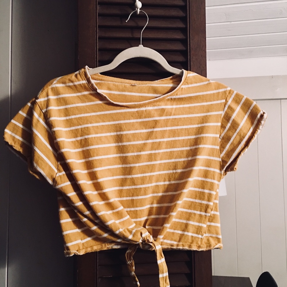 ROMWE yellow and white stripe crop top w/ knot!!!